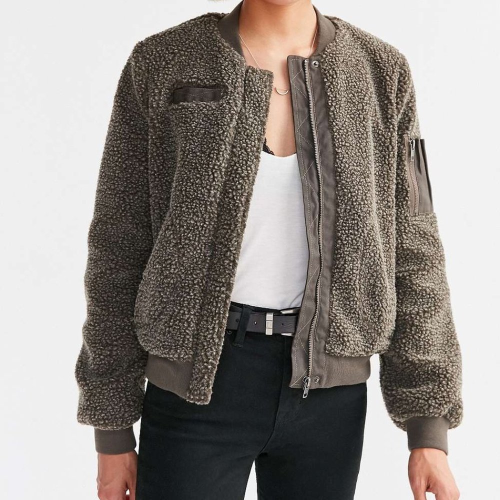 UO BDG Cozy Teddy Bomber Jacket Brown Size Small